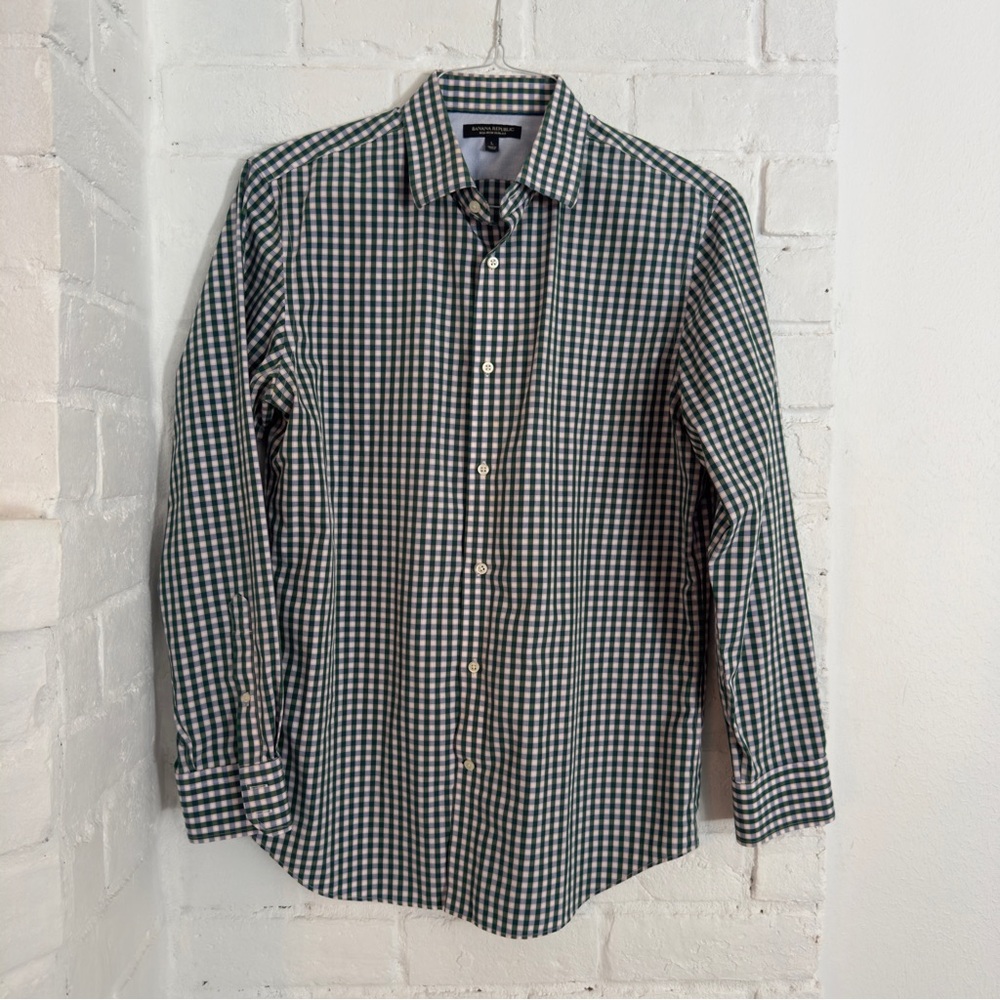 Banana Republic Slim Fit Non-Iron Plaid Dress Shirt L Green Blue Check